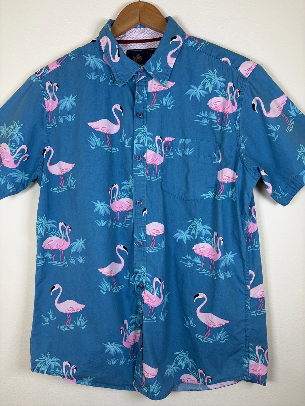 Rugby University Flamingo Print Button Up Shirt Blue Pink Cotton Tropical L